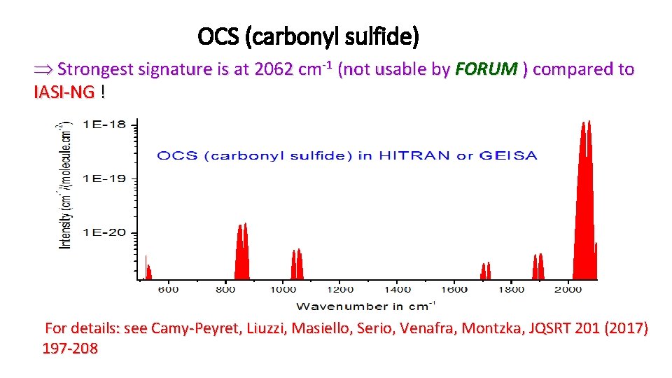 OCS (carbonyl sulfide) Strongest signature is at 2062 cm‐ 1 (not usable by FORUM