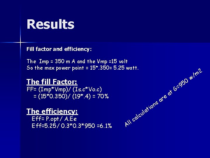 Results Fill factor and efficiency: The Imp = 350 m A and the Vmp