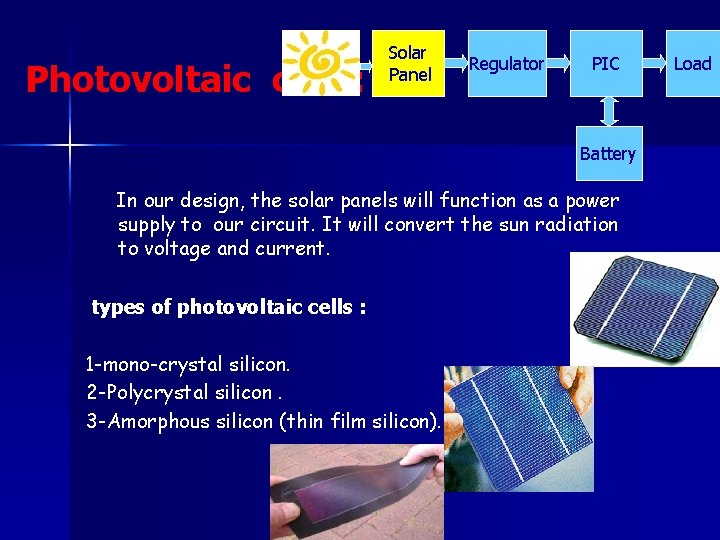 Photovoltaic cells: Solar Panel Regulator PIC Battery In our design, the solar panels will