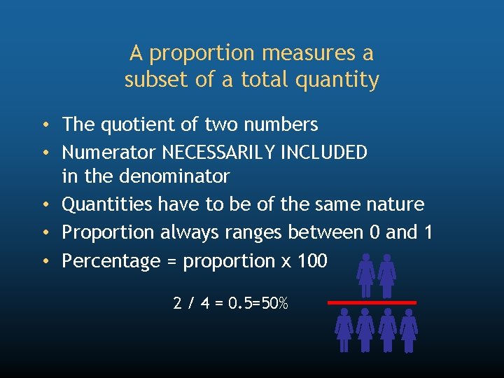 A proportion measures a subset of a total quantity • The quotient of two