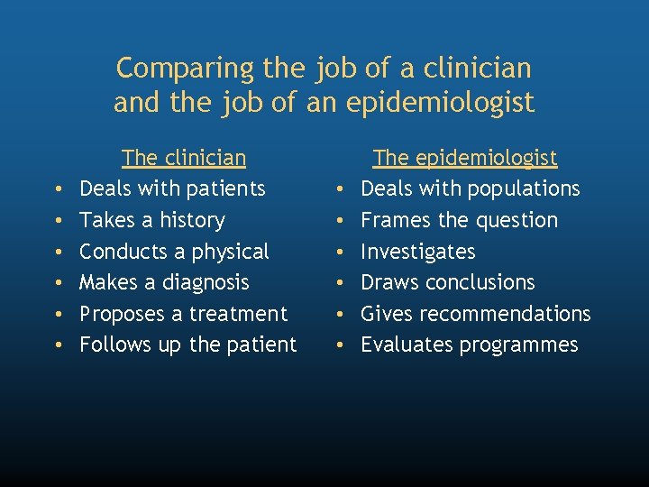 Comparing the job of a clinician and the job of an epidemiologist • •