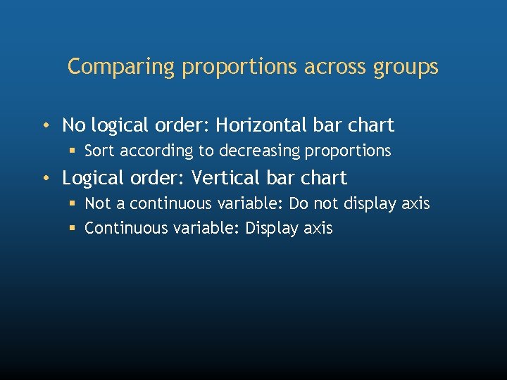 Comparing proportions across groups • No logical order: Horizontal bar chart § Sort according