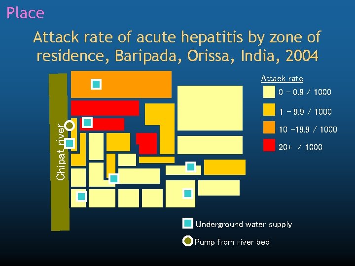 Place Attack rate of acute hepatitis by zone of residence, Baripada, Orissa, India, 2004