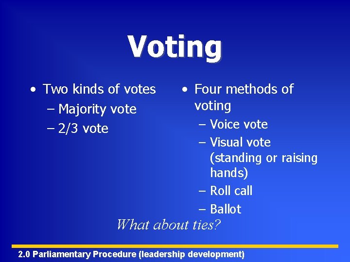 Voting • Two kinds of votes – Majority vote – 2/3 vote • Four