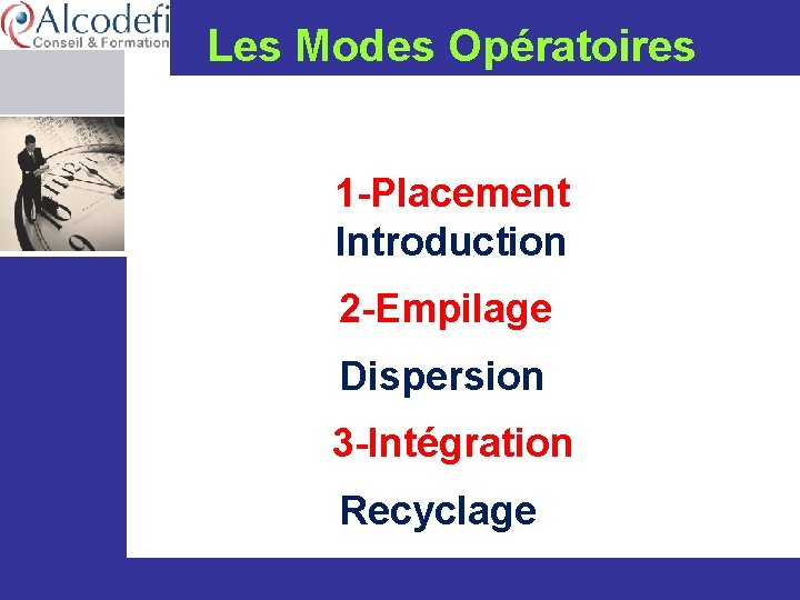 Les Modes Opératoires 1 -Placement Introduction 2 -Empilage Dispersion 3 -Intégration Recyclage www. alcodefi.