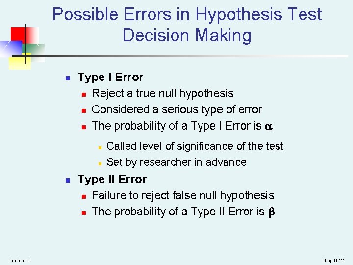 Possible Errors in Hypothesis Test Decision Making n n Lecture 9 Type I Error