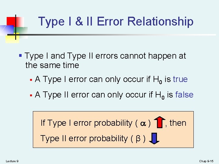 Type I & II Error Relationship § Type I and Type II errors cannot