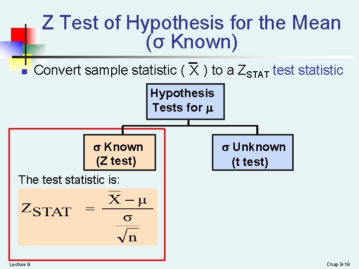 Z Test of Hypothesis for the Mean (σ Known) n Convert sample statistic (