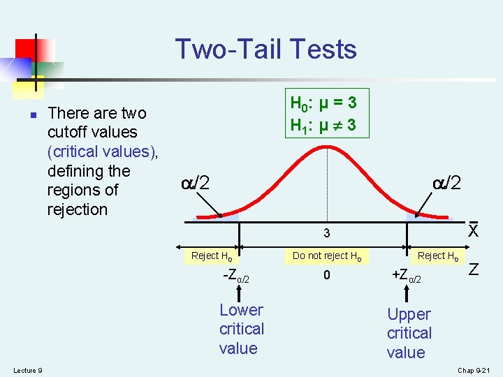 Two-Tail Tests n There are two cutoff values (critical values), defining the regions of