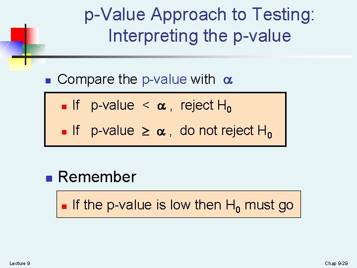 p-Value Approach to Testing: Interpreting the p-value n n Compare the p-value with n