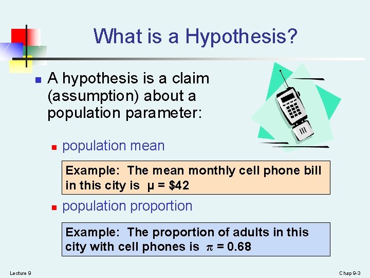 What is a Hypothesis? n A hypothesis is a claim (assumption) about a population