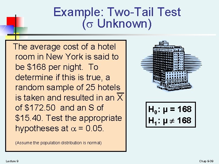 Example: Two-Tail Test ( Unknown) The average cost of a hotel room in New