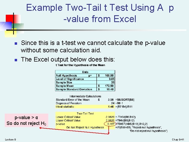 Example Two-Tail t Test Using A p -value from Excel n n Since this