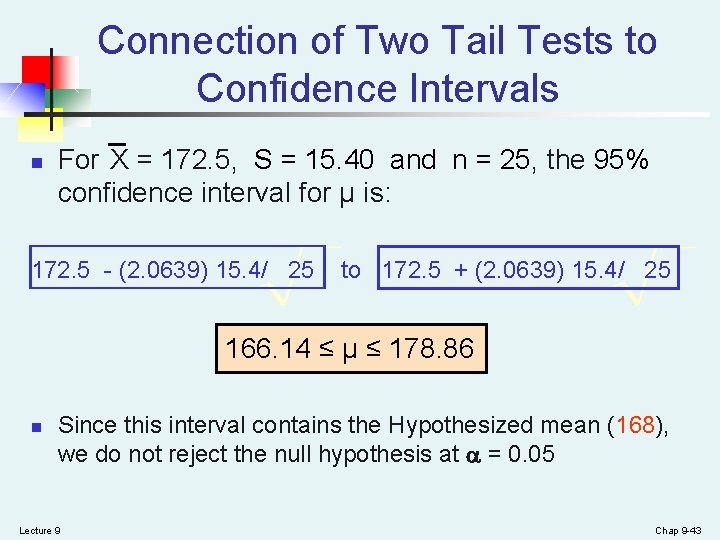 Connection of Two Tail Tests to Confidence Intervals n For X = 172. 5,