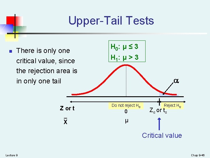 Upper-Tail Tests n There is only one critical value, since the rejection area is