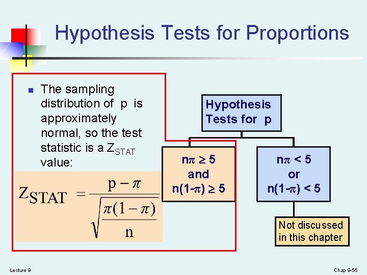 Hypothesis Tests for Proportions n The sampling distribution of p is approximately normal, so