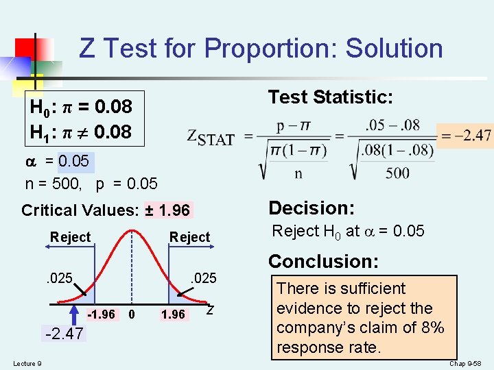 Z Test for Proportion: Solution Test Statistic: H 0: π = 0. 08 H