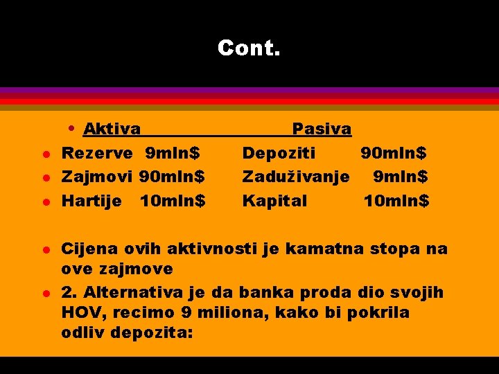 Cont. l l l • Aktiva Rezerve 9 mln$ Zajmovi 90 mln$ Hartije 10