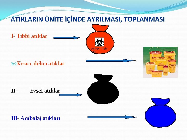 ATIKLARIN ÜNİTE İÇİNDE AYRILMASI, TOPLANMASI I- Tıbbi atıklar Dikkat! Tıbbi Atık Kesici-delici atıklar II-