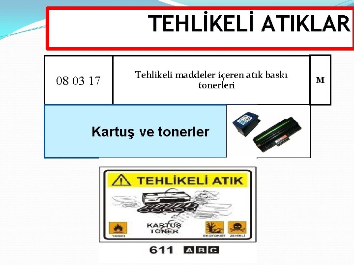 TEHLİKELİ ATIKLAR 08 03 17 Tehlikeli maddeler içeren atık baskı tonerleri Kartuş ve tonerler