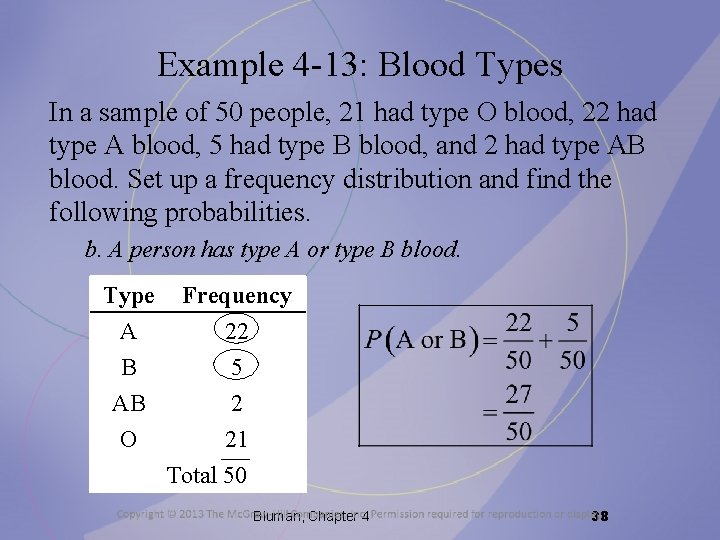 Example 4 -13: Blood Types In a sample of 50 people, 21 had type