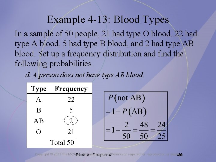 Example 4 -13: Blood Types In a sample of 50 people, 21 had type