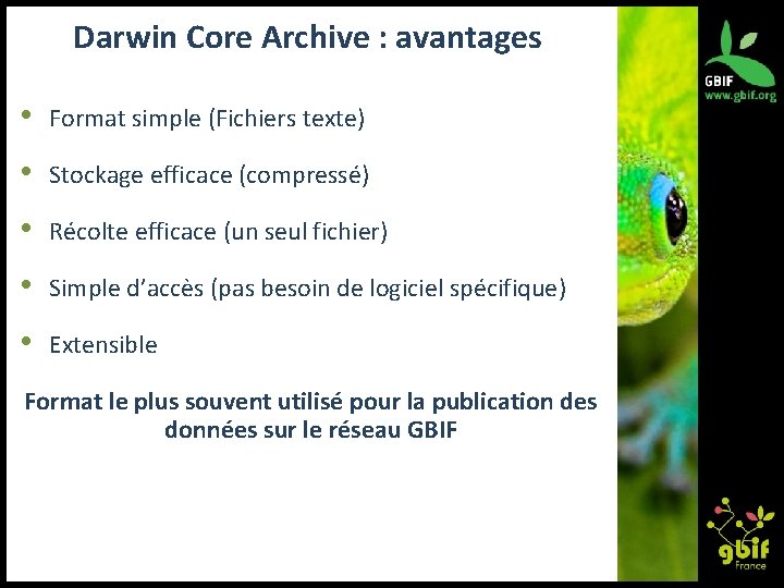 Darwin Core Archive : avantages • Format simple (Fichiers texte) • Stockage efficace (compressé)