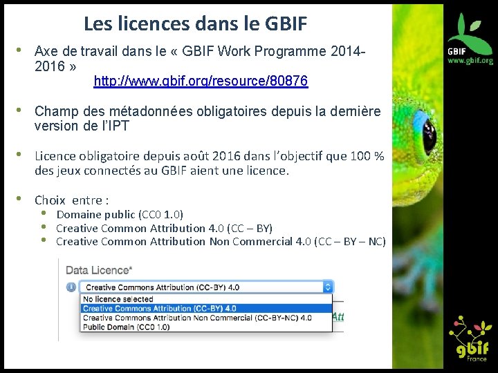 Les licences dans le GBIF • Axe de travail dans le « GBIF Work