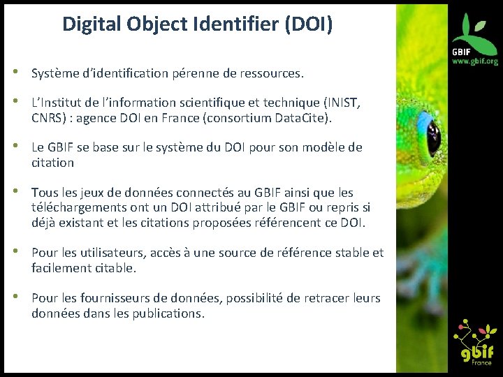 Digital Object Identifier (DOI) • Système d’identification pérenne de ressources. • L’Institut de l’information