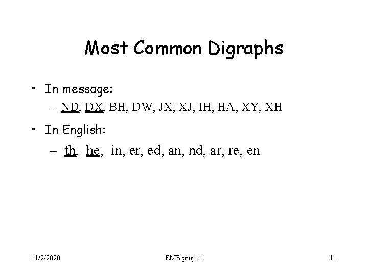 Most Common Digraphs • In message: – ND, DX, BH, DW, JX, XJ, IH,