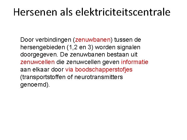 Hersenen als elektriciteitscentrale Door verbindingen (zenuwbanen) tussen de hersengebieden (1, 2 en 3) worden