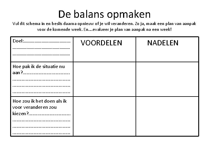 De balans opmaken Vul dit schema in en beslis daarna opnieuw of je wil