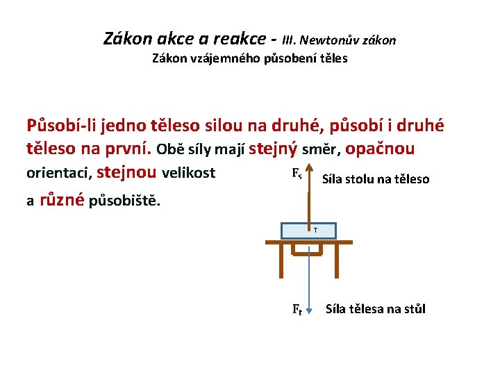 Zákon akce a reakce - III. Newtonův zákon Zákon vzájemného působení těles Působí-li jedno