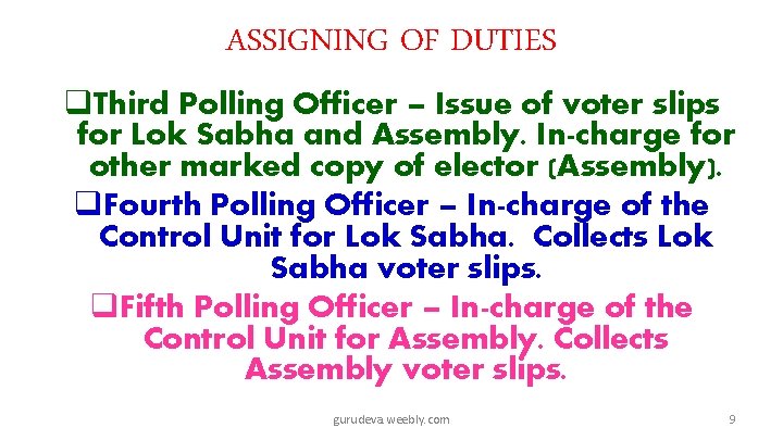 ASSIGNING OF DUTIES q. Third Polling Officer – Issue of voter slips for Lok