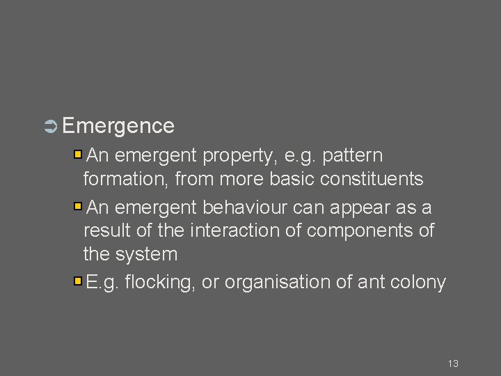  Emergence An emergent property, e. g. pattern formation, from more basic constituents An