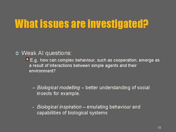 What issues are investigated? Weak AI questions: E. g. how can complex behaviour, such