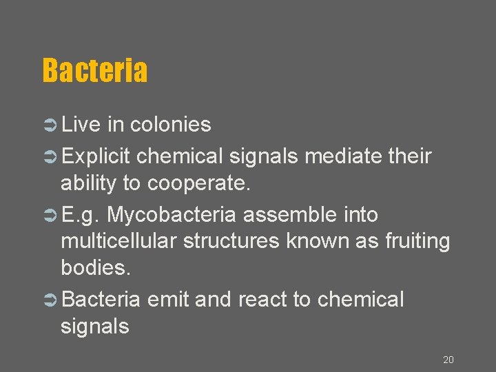 Bacteria Live in colonies Explicit chemical signals mediate their ability to cooperate. E. g.