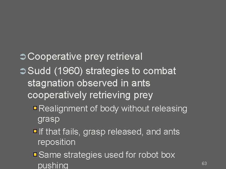  Cooperative prey retrieval Sudd (1960) strategies to combat stagnation observed in ants cooperatively