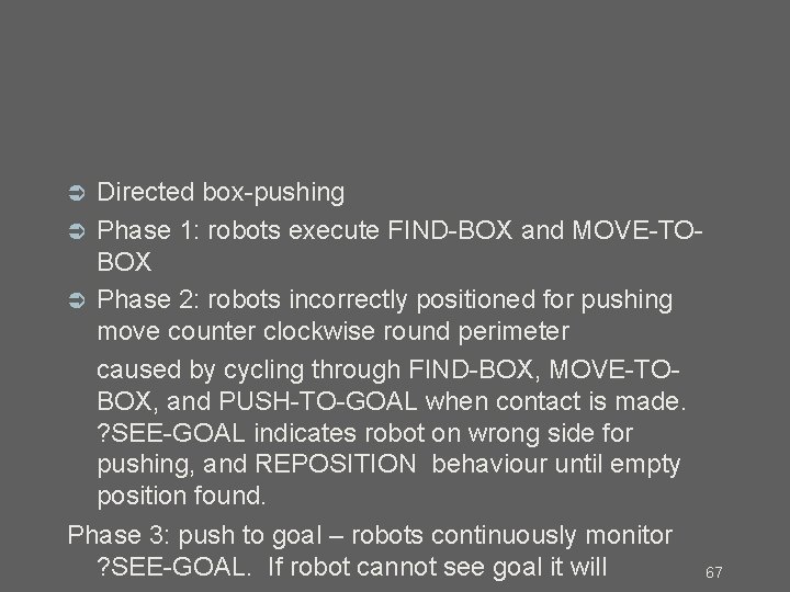 Directed box-pushing Phase 1: robots execute FIND-BOX and MOVE-TOBOX Phase 2: robots incorrectly positioned