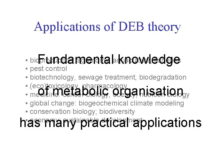 Applications of DEB theory Fundamental knowledge • bioproduction: agronomy, aquaculture, fisheries • pest control