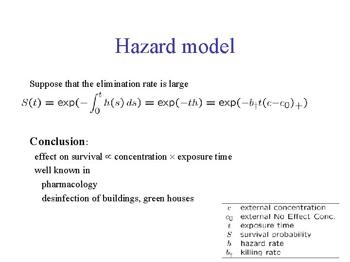 Hazard model Suppose that the elimination rate is large internal conc is fast at