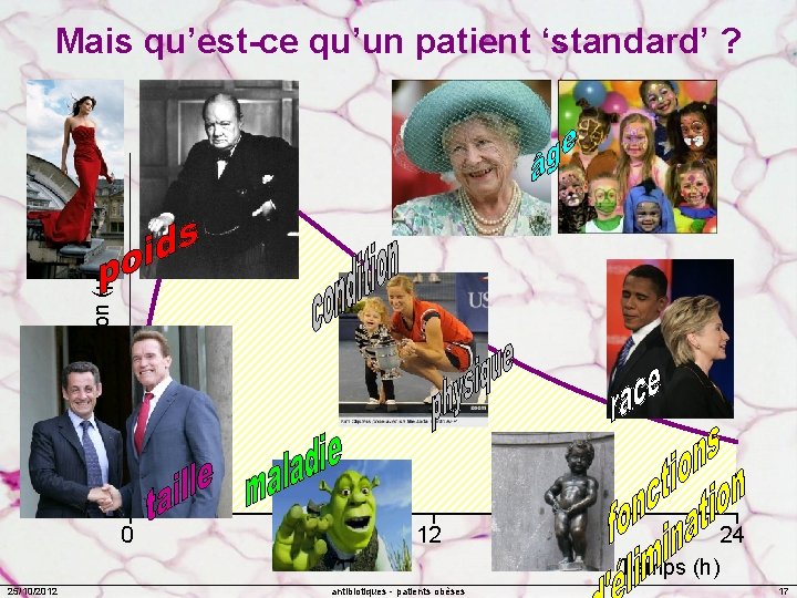 Concentration (µg/m. L) Mais qu’est-ce qu’un patient ‘standard’ ? 0 25/10/2012 6 12 antibiotiques
