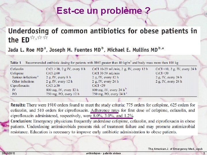 Est-ce un problème ? The American J. of Emergency Med. , epub 25/10/2012 antibiotiques