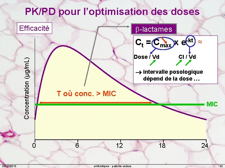 PK/PD pour l’optimisation des doses Efficacité -lactames Ct = Cmax x e-kt Concentration (µg/m.