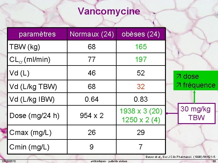 Vancomycine paramètres Normaux (24) obèses (24) TBW (kg) 68 165 CLcr (ml/min) 77 197