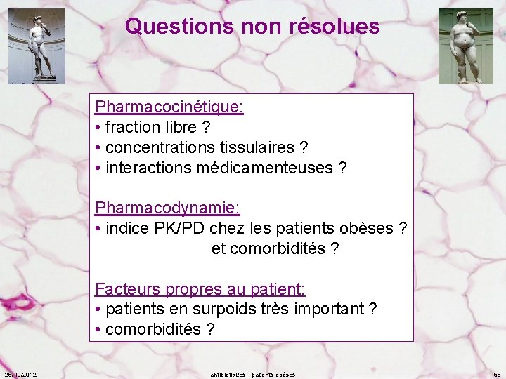 Questions non résolues Pharmacocinétique: • fraction libre ? • concentrations tissulaires ? • interactions
