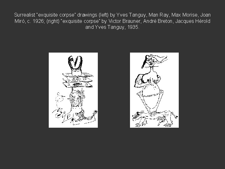 Surrealist “exquisite corpse” drawings (left) by Yves Tanguy, Man Ray, Max Morise, Joan Miró,