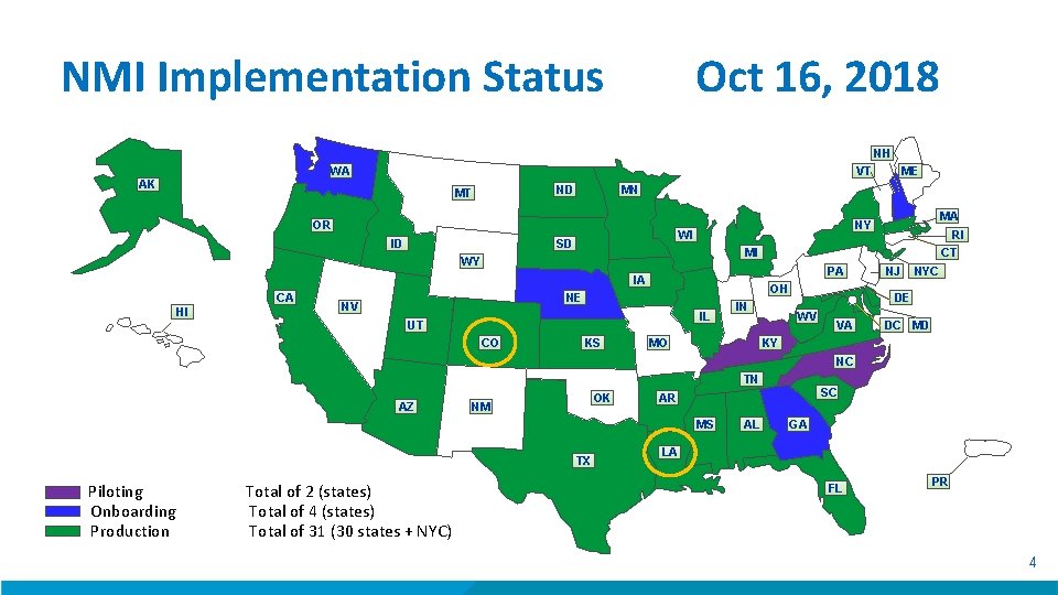NMI Implementation Status Oct 16, 2018 NH WA VT AK MN ND MT OR