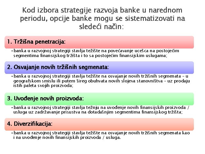 Kod izbora strategije razvoja banke u narednom periodu, opcije banke mogu se sistematizovati na Kod izbora strategije razvoja banke u narednom periodu, opcije banke mogu se sistematizovati na