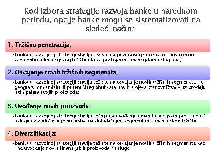 Kod izbora strategije razvoja banke u narednom periodu, opcije banke mogu se sistematizovati na